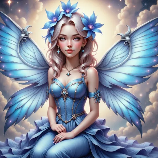 Prompt: a beautiful woman in a blue dress with a blue flower on her head and wings on her back, sitting on a cloud filled sky background, Anne Stokes, fantasy art, highly detailed digital painting, an airbrush painting