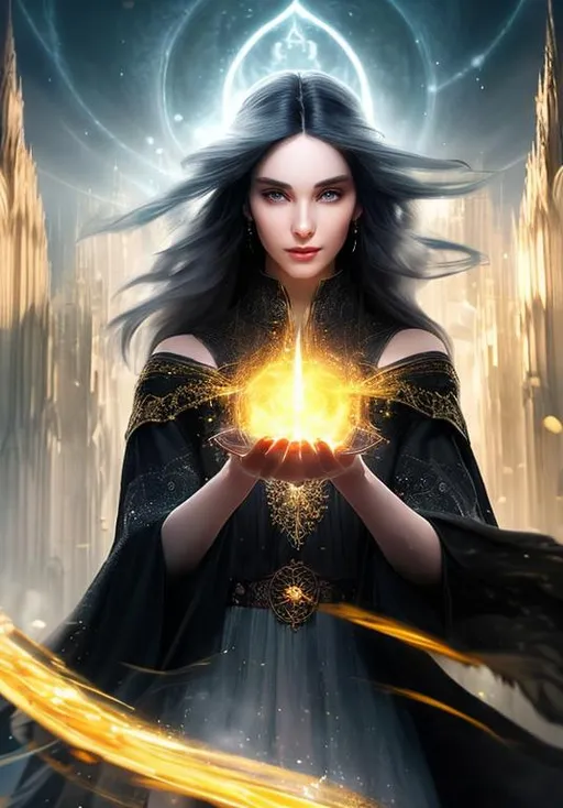 Prompt: Character concept art of a beautiful 
 and intense young female sorcerer in her 20s with flowing black hair, yellow eyes, and pale skin wearing a fitted gray dress and black cape surrounded by swirling energy and casting a spell. A cathedral in the background. Fantasy, intricate, elegant, highly detailed, digital painting, trending on artstation, detailed face, realistic face, smooth, sharp focus, photorealistic, illustration art by Stanley Lau