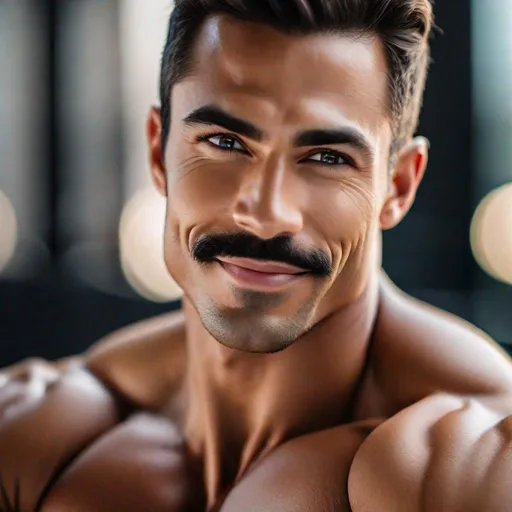 Prompt: Professional photoshoot of a pretty, beautiful, fit, daddy with a small mustache and tiny nose, wearing a short-sleeve button-up shirt, flexing, small nose, hyperdetailed {symmetrical eyes}, {defined shredded musculature, broad shoulders}, bright smile, center frame, light, intricate detail, best quality, uhd, 8k