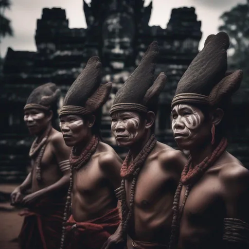 Prompt: some naga tribe indegenous tribe people dancing and doing ritual  , angkor temple face as a background  , cult style,  dark ambient effects ,