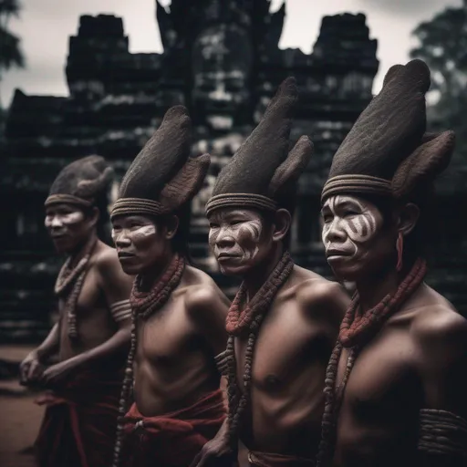 some naga tribe indegenous tribe people dancing and doing ritual   angkor temple face as a backgrou