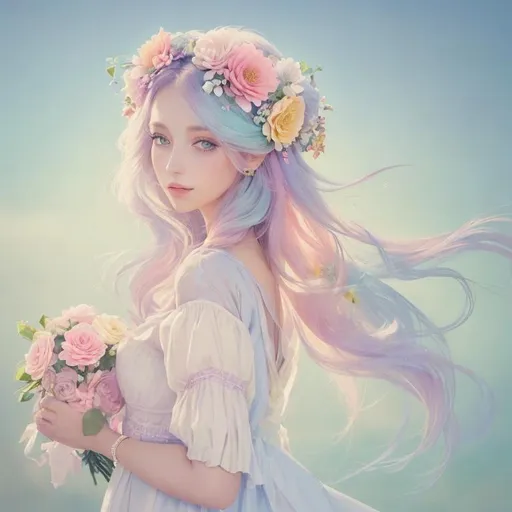 Prompt: Beautiful creation, woman with flowers in her hair, pastel colors