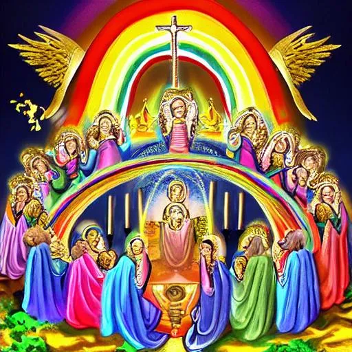 Prompt: Throne of God, encircled by a rainbow, surrounded by 4 angels singing holy holy holy, surrounded by 24 elders sitting on thrones throwing their crowns to God. Ultra realistic. High resolution. Detailed faces. Sharp image. Clear details.