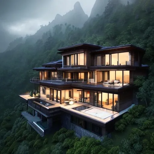 Prompt: a dream house on the mountain, beautiful rainy day, mountains, a dream house, night, calm, alone, art, realistic, hyper-realistic, highly detailed, realism, 32k, photography, hdr, 1080p, cinematic, Hyperrealistic, splash art, concept art, fictional environment, mid shot, intricately detailed, colour depth, dramatic, side light, colourful background, beautifully shot, perfect composition, atmospheric, moody, happy, emotion, 