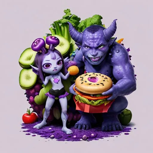 Prompt: A (cute) purple monster (made of fruit and veggies) avatar (good guy), that fights the yellow monster avatar the sickness of the world(bad guy made of rotten fast food)  
