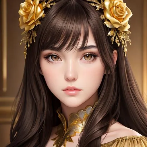 Prompt: Beautiful girl, dark brown hair, dark brown eyes, gold  rose adornment in hair, facial closeup