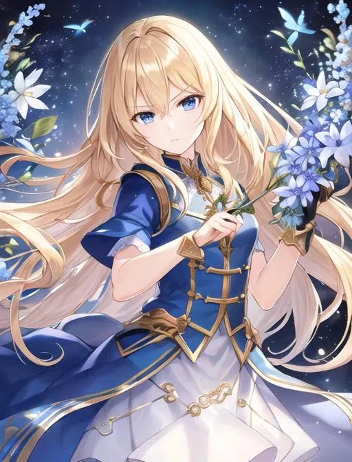 Prompt: high quality, best quality, masterpiece, official art, 8k resolution, blonde hair, gradient hair, blue tips, blue eyes, light particles, long hair, shiny hair, 1girl, solo, toned, eyeliner, eyelashes, long eyelashes, perfect anatomy, detailed, half-closed eyes, shiny skin, serious, frown, rpg, fantasy, outdoors, flowers, sunlight, light rays, day, plants, head tilt, looking at viewer, tank top, emo, winged eyeliner, dress, frills, lace, medieval 
