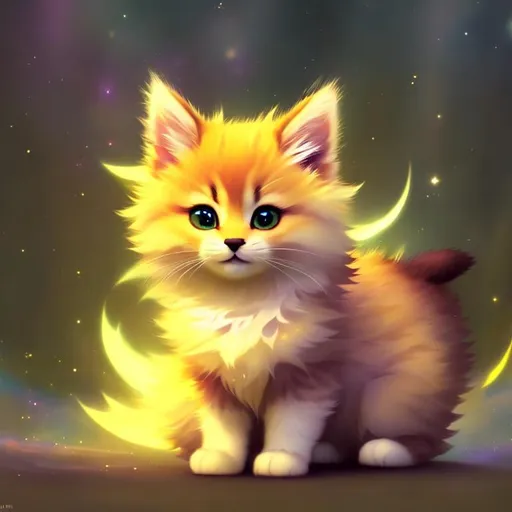 Prompt: Cute, yellow, fluffy, fantasy light kitten, with lighting, yellow eyes, yellow fur, and possessing the element of space and making circles of lighting stripes
 move around in the air in a magical way, in a space background. Perfect features, extremely detailed, realistic. Krenz Cushart + loish +gaston bussiere +craig mullins, j. c. leyendecker +Artgerm.