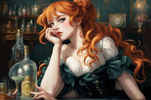 Prompt: I'm just a full-body, photo-realistic, beautiful, striking, winsome, fun-loving, curvaceous, gorgeous, femme fatale, siren, anime, manga, kawaii, waifu, girl, enjoying a bottle of *arboreal* absinthe in a Paris bistro in 1898, painted by Pierre-Auguste Renoir.