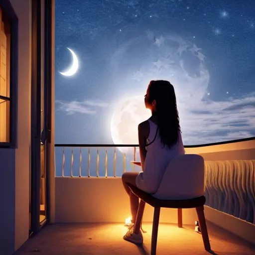 Prompt: A young girl (age 19) sitting on chair at balcony and seeing the moon at the sky