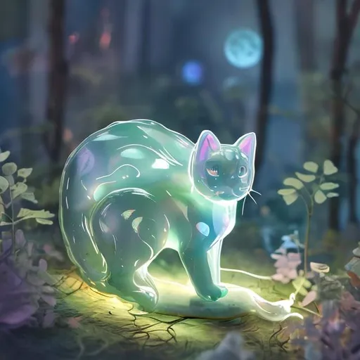 Prompt: A translucent cat that is glowing, in a forest, beneath the moon light