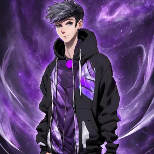 Prompt: A 6’9 boy with natural galaxy purple and black with heterochromia purple and white eyes and a purple and black hoodie and fingerless gloves black sweatpants and eclipse earrings, void rings, a spirit pendent