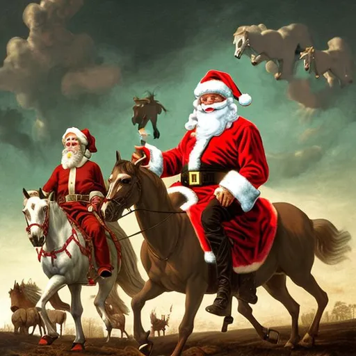Prompt: Famine from the four horsemen of the apocalypse disguised as Santa Claus with horse and rider facing forward with a transparent background.