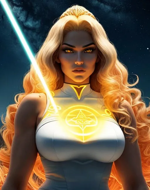 Prompt: A beautiful 25 ft tall 28 year old evil ((Latina)) light elemental queen giantess with light brown skin and a beautiful face. She has a strong body. She has curly yellow hair and yellow eyebrows. She wears a beautiful white dress with gold. She has brightly glowing yellow eyes and white pupils. She wears a gold tiara. She has a yellow aura around her. She is standing in a beautiful open field. Beautiful scene art. Scenic view. Full body art. {{{{high quality art}}}} ((goddess)). Illustration. Concept art. Symmetrical face. Digital. Perfectly drawn. A cool background. Front view. Five fingers 