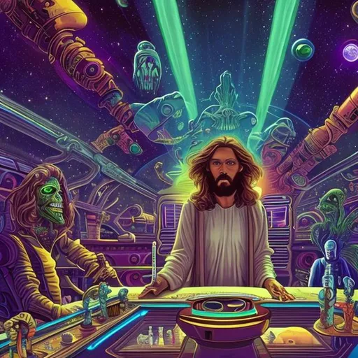 Prompt: widescreen, photo, painting, longshot, wide view, infinity vanishing point, overhead lighting, jesus and another jesus and an alien smoking a crystal bong,  fancy table , in an exotic space cantina, stunning galaxy background
