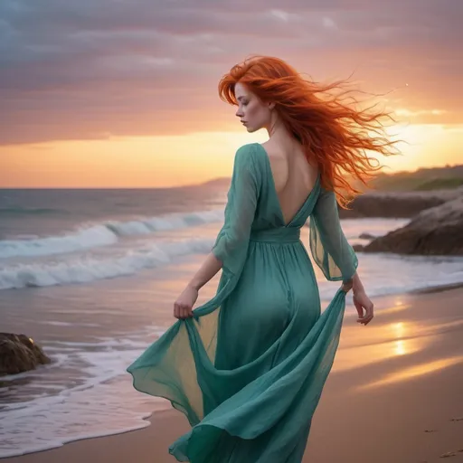 Prompt: On a windswept beach, a beautiful red-headed woman stands alone, gazing out at the vast expanse of the sea. Her fiery hair dances in the breeze, catching the sunlight and creating a halo of golden-red around her head.

Her eyes are a striking shade of green or blue, reflecting the colors of the ocean and sky. They hold a look of longing and hope, as if she's searching the horizon for a glimpse of her love returning to her.

She's dressed in a flowing dress that billows gently in the wind, accentuating her graceful silhouette. The dress is a vibrant shade of blue or green, complementing her red hair and adding to the overall picturesque scene.

In the distance, the sea stretches out endlessly, its waves crashing against the shore with rhythmic persistence. Seagulls soar overhead, their cries mingling with the sound of the surf, adding to the natural beauty and serenity of the setting.

The sky above is a canvas of soft pastel hues, with shades of pink, orange, and purple blending together as the sun begins to set. The warm glow of the setting sun bathes the scene in a romantic light, enhancing the woman's beauty and adding to the emotional depth of the moment.

Overall, the scene captures the essence of a beautiful red-headed woman waiting by the sea for her love. It's a timeless and romantic image that evokes feelings of love, longing, and hope.

She is looking at the Camra






