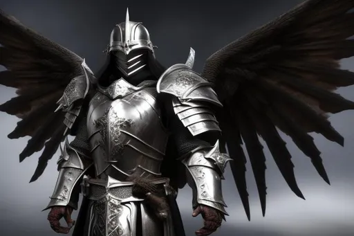 Prompt: realistic character center  portrait of a angel of conquest  in armor with black wings in the back, sword in the left hand and shield in the right hand, Dark,
octane render, highly detailed