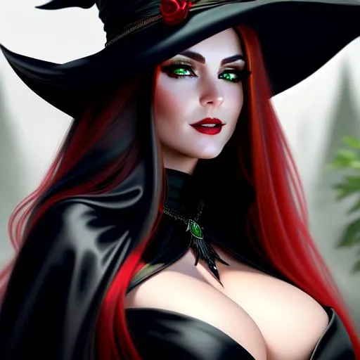 Prompt: A hyper realistic detailed full body image of a hunched feminine ((sexy woman)) who has ((poisonous green eyes)), ((blood red hair)) with ((sexy black witch outfit)) with a plunging neckline, black witch hat, balayage wild hair, grim smiling face expression, highly detailed, digital painting, Trending on artstation, HD quality, ((huge breast)), ((sexy))