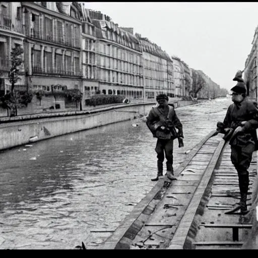 Prompt: northern paris being damaged by SS State of Burgundy in 1965 with German troops patrolling the taken land realistic