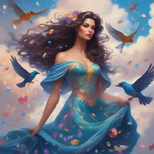 Prompt: A colourful, beautiful brunette, Persephone, in a beautiful flowing dress made of glittering gemstones in the clouds with birds flying around. In a photorealistic painted Disney style and marvel comics style.