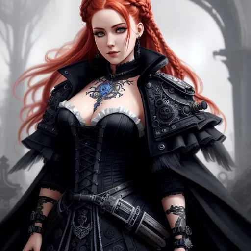 Prompt: A hyper realistic detailed character poster ((full body)) image of a ((beautiful woman)), with intricate ((steampunk clothes)) with braided ((ginger ombre hair)). Wearing ((gothic steampunk dress)), highly detailed, digital painting, Trending on artstation, HD quality, ((by Prywinko)), ((sexy))