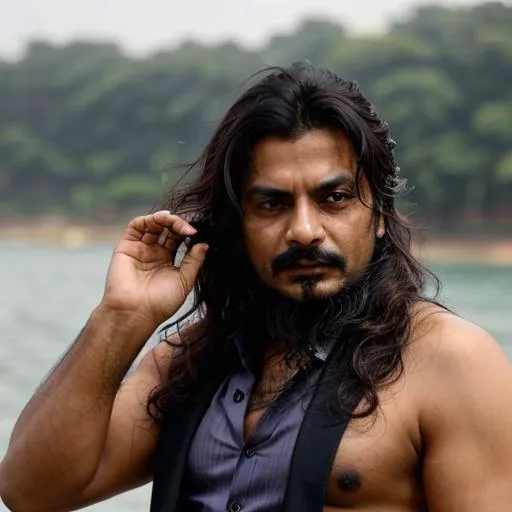 Prompt: Nawazuddin sidiqui with long wavy hair thick beard