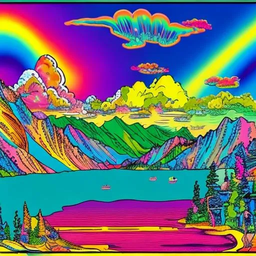 Prompt: Lisa frank style lake in world War ii