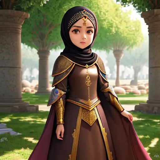 Prompt: Muslim Othman empire Anime small little girl in hijab thorn princess, knight, full body, braided dark brown hair, brown eyes, symmetrical, highly detailed body, perfect composition, hyperrealistic, super detailed, 8k, high quality, Splash art, front, epic Instagram, artstation, hyperdetailed intricately detailed, unreal engine, intricate detail, complementary colors, 8k, heavy strokes, full height, 