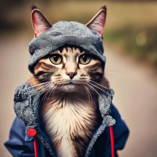 Prompt: a cat wearing a hat and jacket