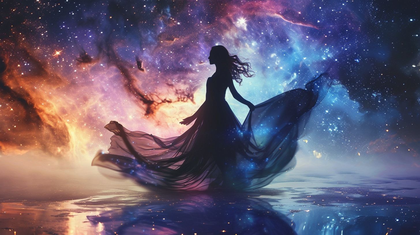 Prompt: Visualize a woman in a magnificent dress that resembles a cosmic galaxy. The dress is designed with a gradient of deep space colors, from the intense blues and purples of nebulae to the stark black of the void, sprinkled with stars and celestial bodies. It flows elegantly, defying gravity, as if she's floating through the cosmos. Her posture is majestic and serene, with her arms gently raised as if she's orchestrating the very movement of the stars. The backdrop is the infinite darkness of space, and below her, the reflective surface suggests she is hovering above a mirror-like lake that reflects the universe contained in her gown.