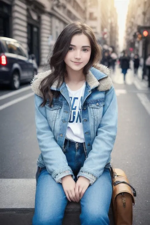 Prompt: 1girl, 8k, semi-realistic, masterpiece, cgi,( beautiful face, 20yo),smile, wave hair, detail hair, (jacket, blue jeans), on street, full body, look on camera, sitting, hold a bag, cold light, nice pose 