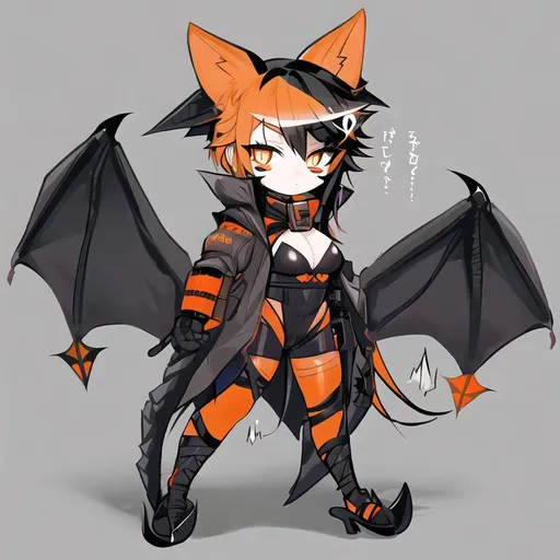 Prompt: Your OC is a massive nightmare flying fox, with sharp light orange eyes. They identify as female, and have a quiet voice. As an accessory, they have stickers, and they can be seen holding nothing.