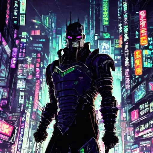 Prompt: Original villain.  Brawn. Sinister. Unique.. quirky. Magic. Very Dark image with lots of shadows. Background partially destroyed neo Tokyo. Noir anime. Gritty. Dirty. Black with random neon accents. Holographic armour. Bionic enhancements. 