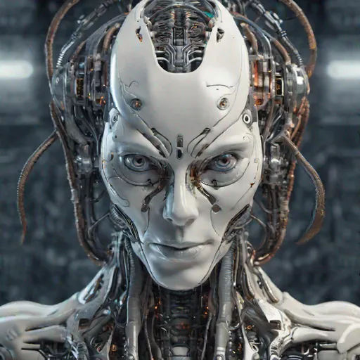 Prompt: complex 3d render ultra detailed of a beautiful porcelain alien head android face, cyborg, robotic parts, 150 mm, dark studio soft light, rim light, vibrant details, gore cyberpunk,  lace, hyperrealistic, anatomical, facial muscles, cable electric wires, microchip, elegant, beautiful background, octane render, H.R. goya style, 8k