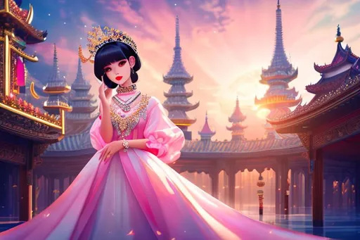 Prompt: head-on, surreal cartoon, high fashionista pose, glossy, walking toward viewer, stunning Korean lolita, she is dressed like a summer queen, dramatic jewelry, statement necklace, background is architecture lit by the moon,  trending on artstation