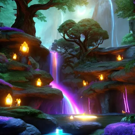 Prompt: Envision a glowing waterfall in a lush forest. Fantasy, another dimension. Hyperrealistic, UHD, HD, 8K, a portal rests besides the river, a civilization 