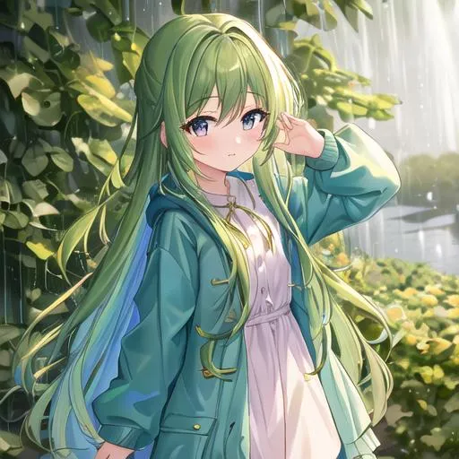 Prompt: (masterpiece, best quality:1.2), illustration, absurdres, highres, extremely detailed, 1 (petite) girl, Blue long hair, golden eyes, eye highlights, (green raincoat), chromatic aberration abuse, pastel color, facing camera, raining, happy, wearing raincoat, dress