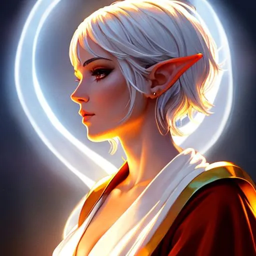 Prompt: elf, monk, glowing tattoos,  short hair, plain white robes, female, dnd, illustration, portrait, scars on face