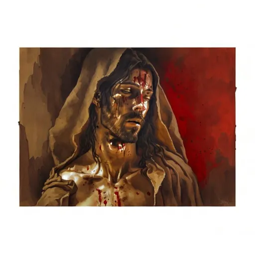 Prompt: wounded Jesus Christ, kissing the wooden cross, while bleeding, sad, wounded, mount calvary, at day