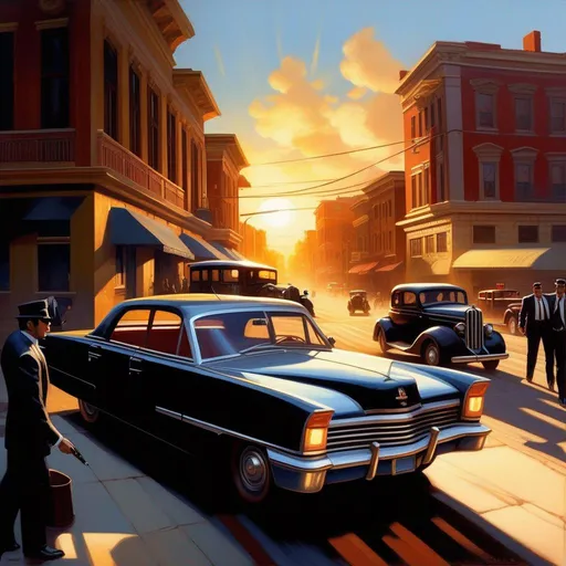 Prompt: Mafia II, car chase, cops, cartoony, sunny atmosphere, extremely detailed painting by Greg Rutkowski and by Henry Justice Ford and by Steve Henderson