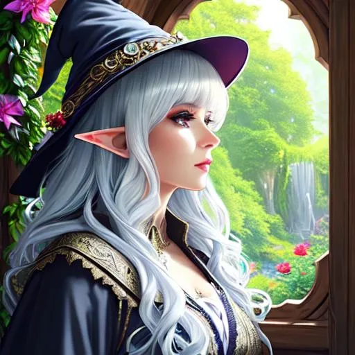 Prompt: female elf, witch, detailed face, detailed eyes, full eyelashes, ultra detailed accessories, robes, witch hat with flowers, short hair, curly hair, dnd, artwork, nature background, tree house interior, looking outside from a window, vibrant, white hair,  inspired by D&D, concept art