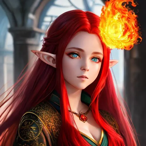 Prompt: "Full body, oil painting, fantasy, anime portrait of a young hobbit woman with flowing fiery red hair and dark blue eyes, short elf ears | Elemental fire sorceress wearing intricate fiery red wizard robes casting a fire spell, #3238, UHD, hd , 8k eyes, detailed face, big anime dreamy eyes, 8k eyes, intricate details, insanely detailed, masterpiece, cinematic lighting, 8k, complementary colors, golden ratio, octane render, volumetric lighting, unreal 5, artwork, concept art, cover, top model, light on hair colorful glamourous hyperdetailed medieval city background, intricate hyperdetailed breathtaking colorful glamorous scenic view landscape, ultra-fine details, hyper-focused, deep colors, dramatic lighting, ambient lighting god rays, flowers, garden | by sakimi chan, artgerm, wlop, pixiv, tumblr, instagram, deviantart