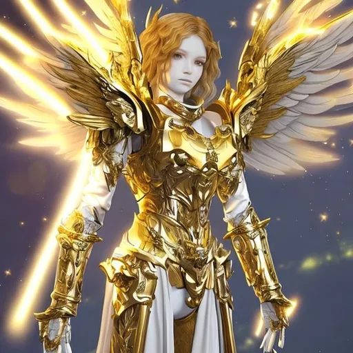 Prompt: A fantasy angelic knight with a shining gold armor made of light with golden wings like a Garuda