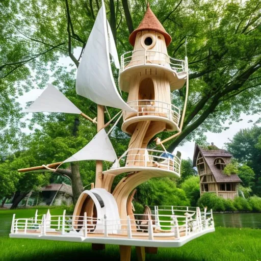 Prompt: A white 15 meters wooden sailing boat inspired on an a tree house and a grass leave