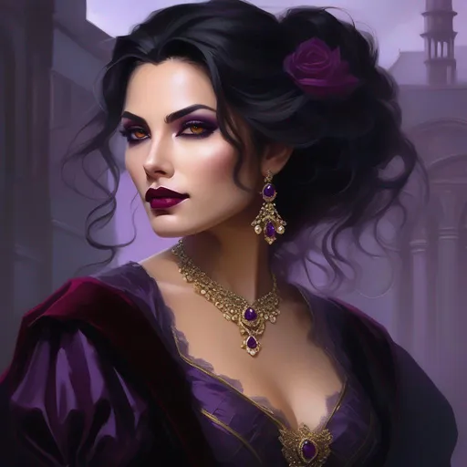 Prompt: fantasy art, oil painting,
a strikingly beautiful mature female vampire aristocrat, burgundy eyes pupils and lips:6, olive skin, long wavy black hair, skinny, exquisitely detailed dress, tasteful jewelry empty hands,

confident expression, two thirds body, very muted background, cinematic lighting, combination of purple, silver, gold and black color scheme, 

dnd character profile, cinematic, sharp focus, intricate, elaborate, UHD, hyperdetailed, photorealistic,  fractal, pretty and innocent looking, fierce, devious, dangerous, bad girl,

style of rogues, style of Ravenloft,
