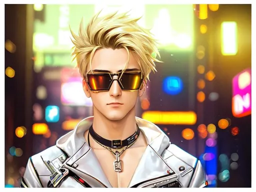 Prompt: oil painting, Post Modern Cyberpunk Background with Neon Lights Scattered in Bokeh, UHD, hd , 8k, hyper realism, Very detailed, Cyberpunk Cybernetics enhanced zoomed out view of character, full character visible, blonde Male character, he has cyberpunk goggles resting on his forehead Charming and Appealing characters. Cyberpunk themed attires.