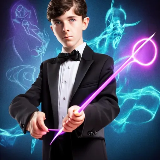 Prompt: 13 year old boy in a tuxedo holding his magic wand in a threatening manner saying don’t move or I will cast a magic spell on you 