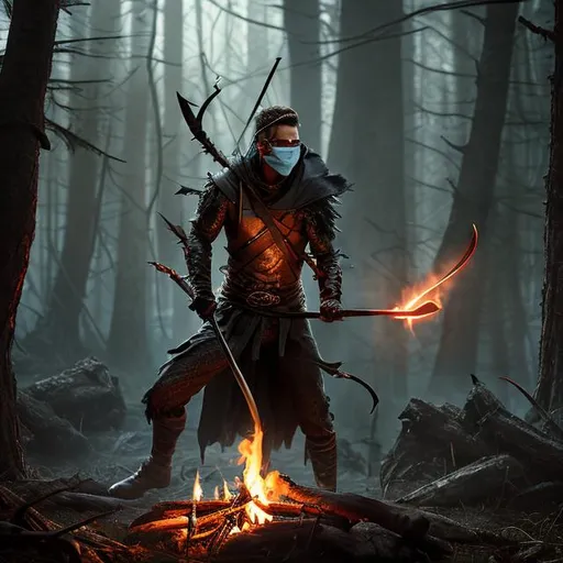Prompt: olpntng style, male archer, bow, hodded, black robe, mist, dark forest, cloth mask, red eyes, powerful, night, campfire, mordor fantasy, masterpice, light, expert, insanely detailed, 4k resolution, john william waterhouse, charlie bowater

, oil painting, heavy strokes, paint dripping