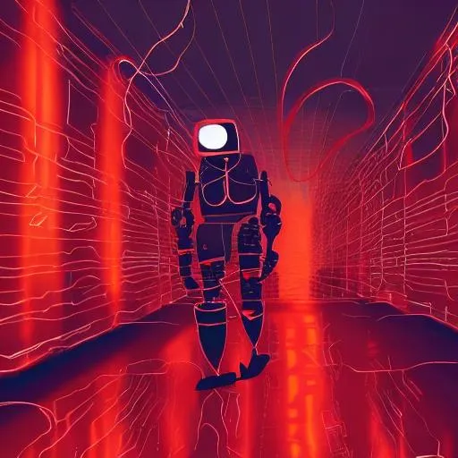 Prompt: Red cyberpunk robot walking through fire and wires
