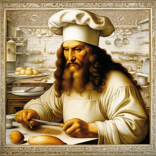 Prompt: (painting), Leonardo da Vinci as chef, wearing white, chef hat,  busy kitchen, masterpiece, intricate detail, by Leonardo da Vinci 